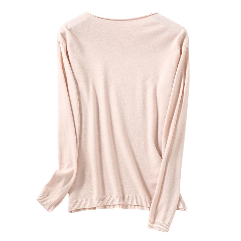 Autumn/Winter Women's Wool Sweater: Round & V-Neck, Rolled Edge, Long Sleeve, Thin Knit Top