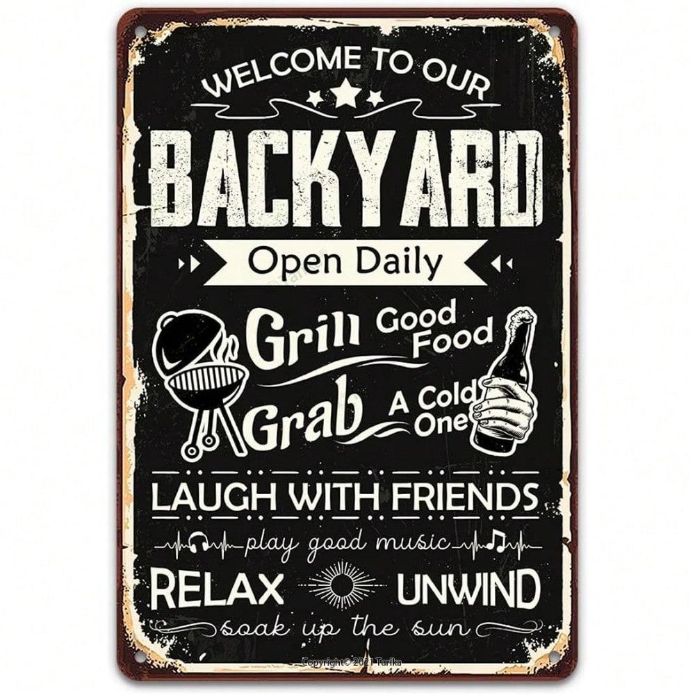 Vintage Retro Welcome Backyard Grill Tin Metal Sign Wall Decor Kitchen Bar