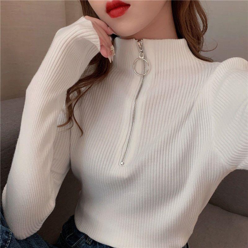 Women's Black Slim Fit Half Turtleneck Long Sleeve Zipper Shirt - 2022 Autumn New Style