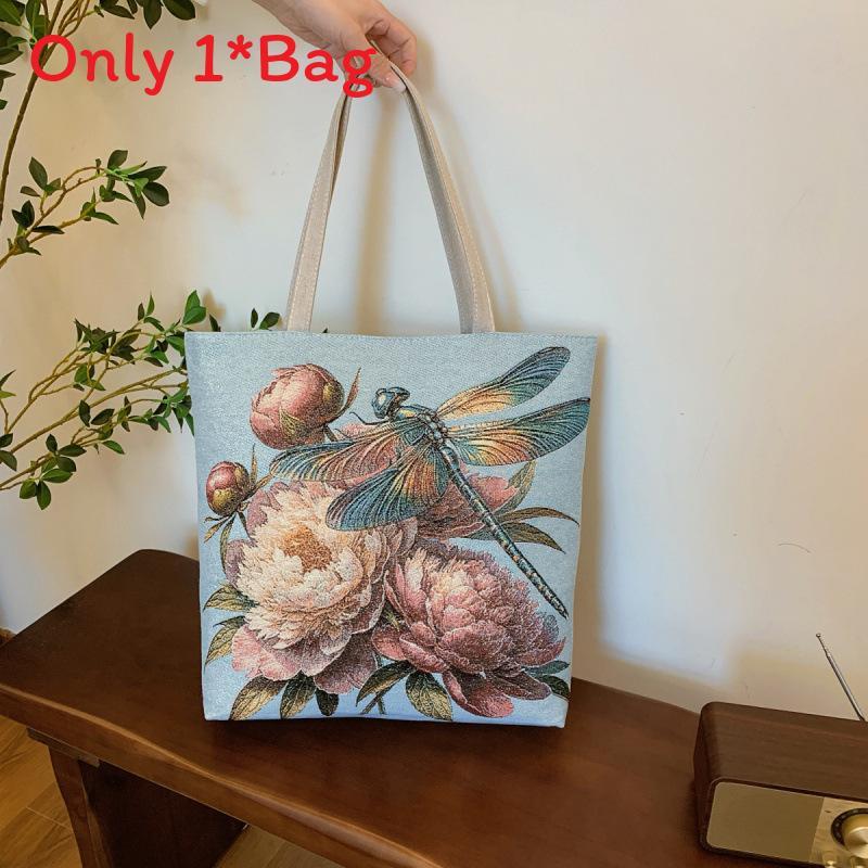 Ethnic Style Canvas Tote Bag With Doublesided Embroidered Silk Thread Floral For Daily Use