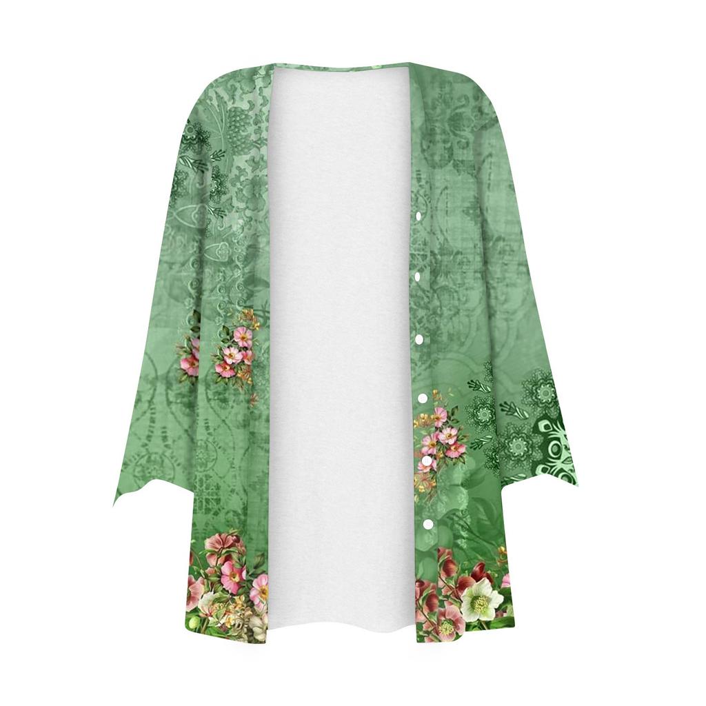 Moda Donna Blusa Cardigan Top Manica a Sette Parti Stampata Casual Ampia