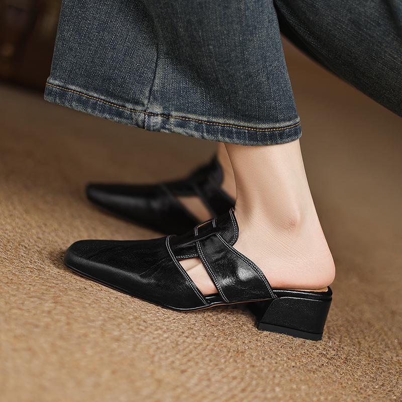 Fashion NEW Summer Women Mules Genuine Leather Shoes for Women Cover Toe Chunky Heel Slippers Pointed Toe Slingback Flower Black Sandals