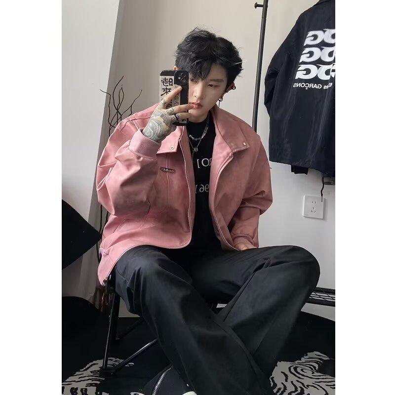 Versatile temperament, popular fashion trend, retro pink locomotive leather jacket, men's trendy brand, high-end simple ins