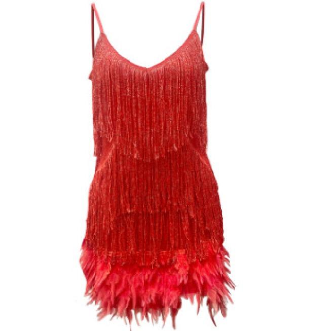 Fashion Tassel Sequins Sexy V-neck Strap Feather Stitching Dress