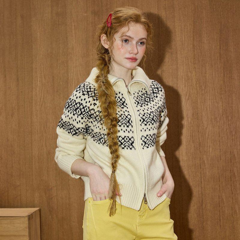 

Coolhut Fair Isle Jacquard Outerwear Lapel Double Zipper Winter New Women s Short Knitted Sweater Jacket Beige One size