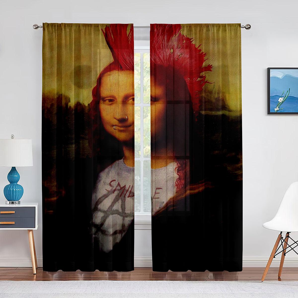 Тюлевая занавеска с изображением Моны Лизы и забавных котят для спальни — фото 13