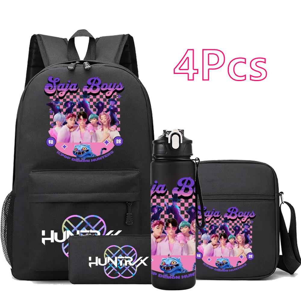 

4Pcs/set New Cartoon Kpop Printed Backpack Large Capacity Bookbag Shoulder Bag Case bag with 750ml Water Bottler Boy Girl School Bag Kid Gift