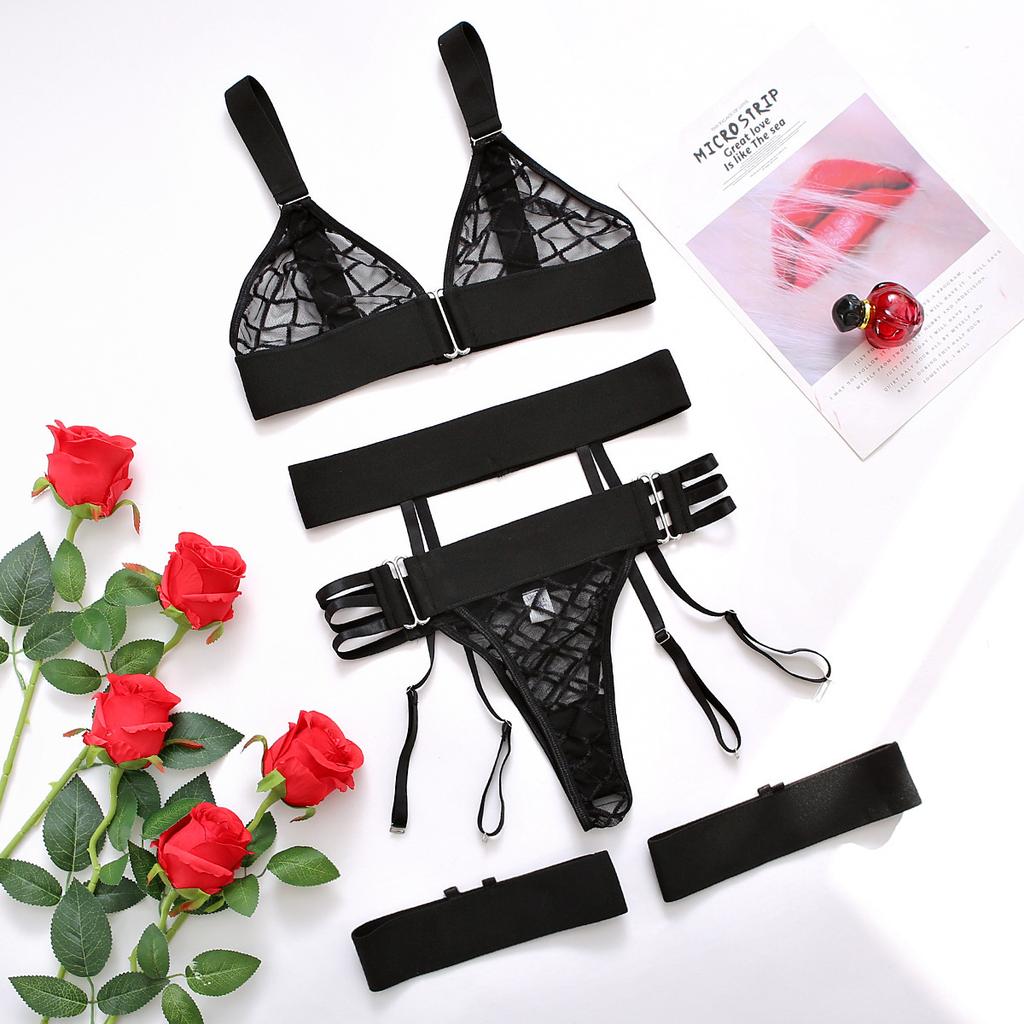 Sexy Female Underwear Spaghetti Strap Bra And Panty Sexy Set Women Mesh Fishing Net Large Mesh Lingerie Erotic Bra Set