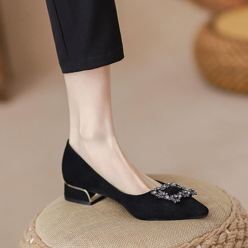 New rhinestone thick heel women's soft sole black high heels autumn shallow mouth pointed work shoes medium heel single shoes