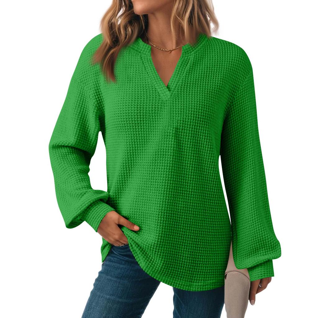 Women's Fashion Long Sleeve  Knit V-Neck Solid Color Casual Top