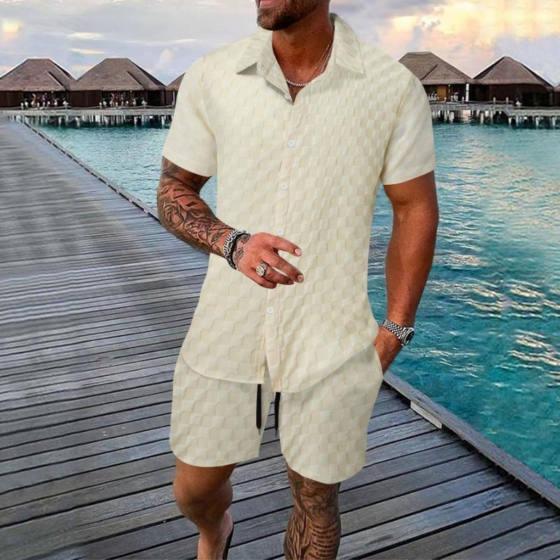 Mens Casual Checkered Short Sleeve Shirt And Shorts Two Piece Set