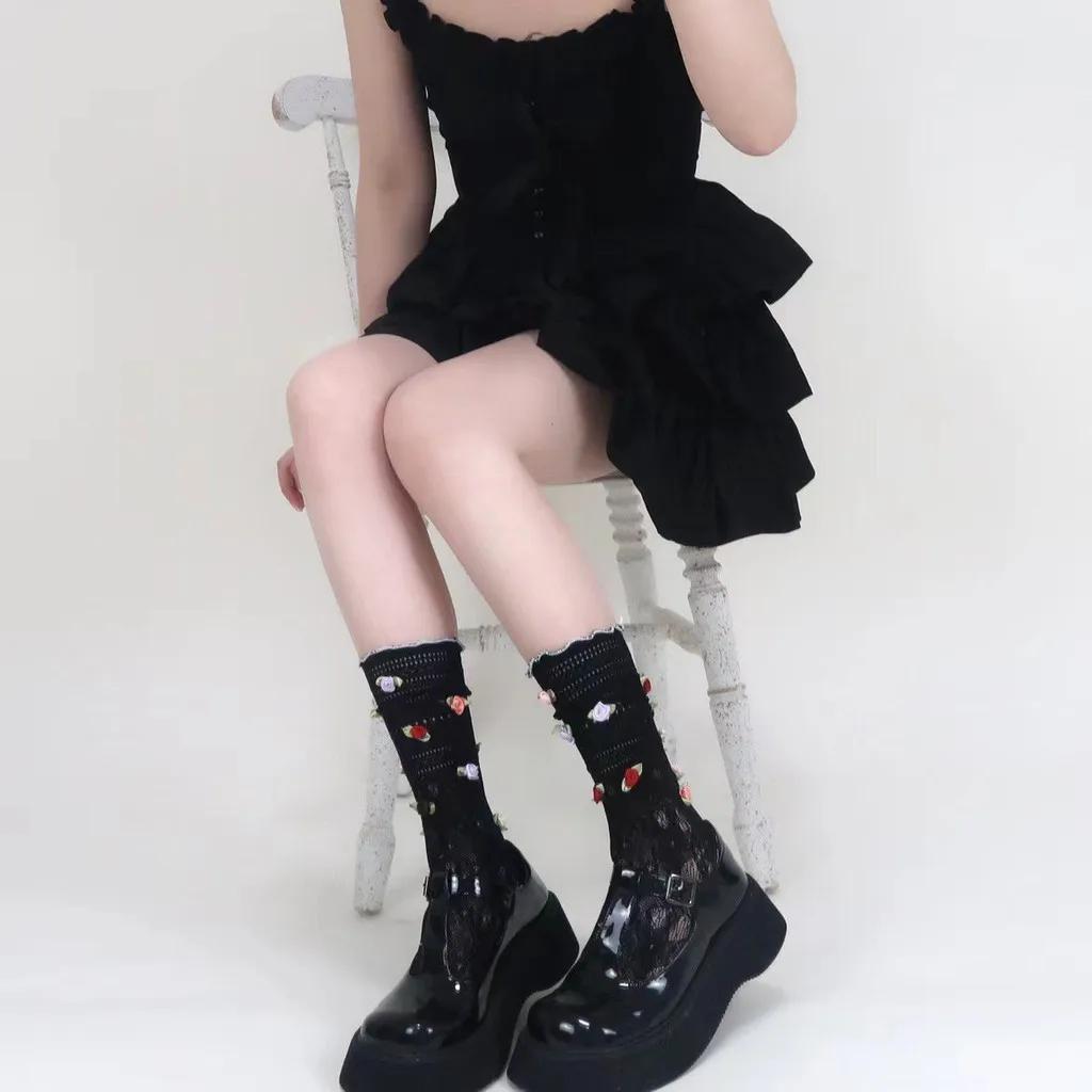 Jk Rose Flower Lolita Lace Pink Mesh Stockings Women Sexy Hollow Thin Sweet Colorful Flower Puff Girl Breathable Mid Pile Sock