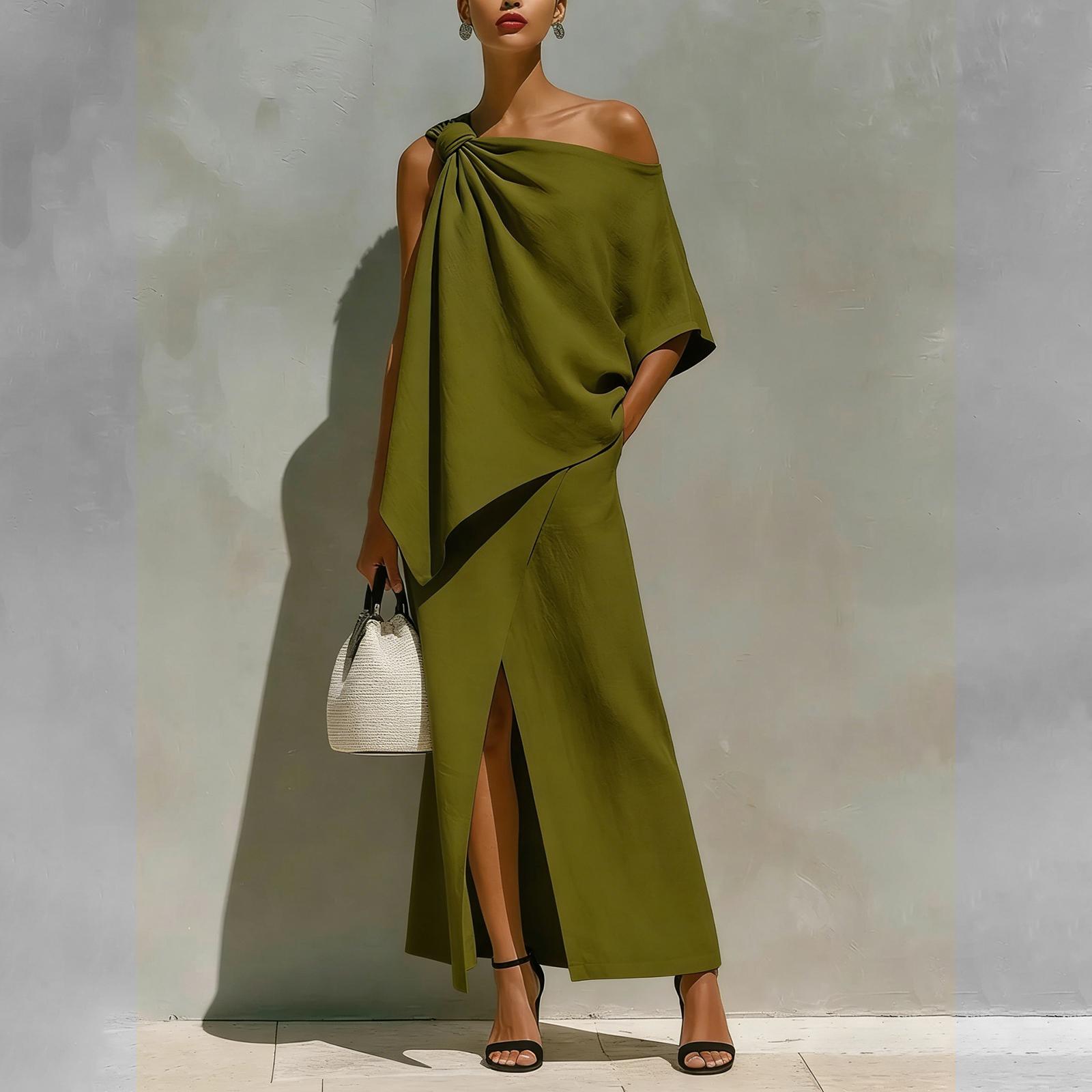 

Women s Fashion Casual Off Shoulder Linen Cotton Top And Skirt Two-piece Set L армия зеленый