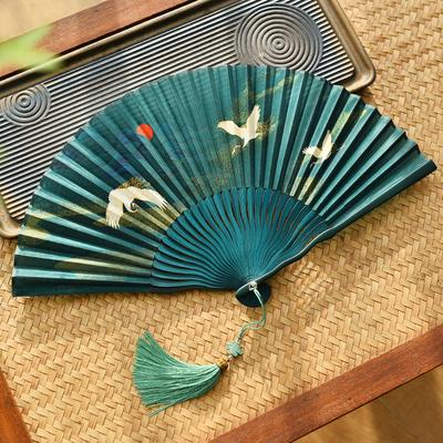 Vintage China-Chic Cheongsam Hanfu Fächer Antiker Stil Stoff Handgefertigt Bambusrippen Faltfächer Tanzaufführung Tragbarer Handfächer