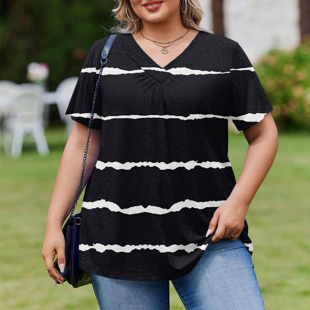 Women's Plus Size Fashionable Casual Loose-Fit Short Sleeve Elegant V Neck Blouse For Work