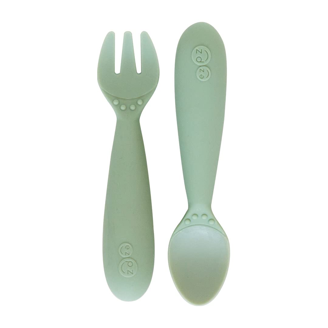 

ezpz Mini Utensils Baby Food Tableware [Spoon, Fork, Cutlery Set] for 1-2 Year Old Babies, Silicone Baby Tableware, Gift for Boys and Girls (Mint)