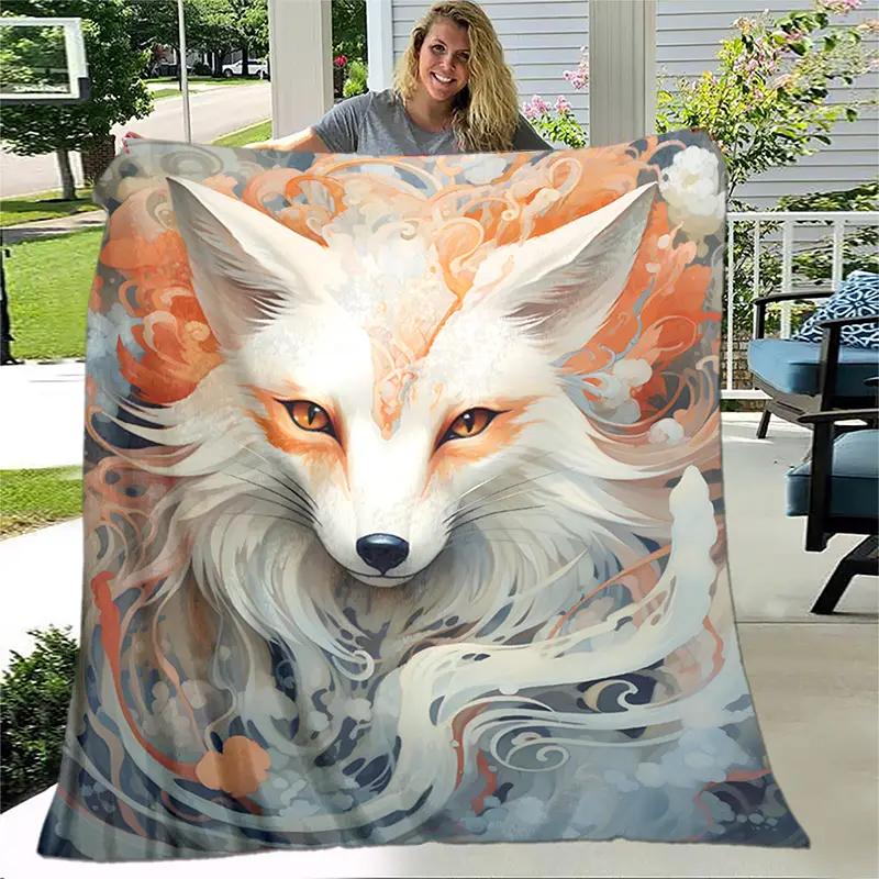 Lightweight Fantasy Fox Print Flannel Blanket - Soft and Warm for Sofa, Bed, Travel, Chair and Bed - Gift for Family or Friends