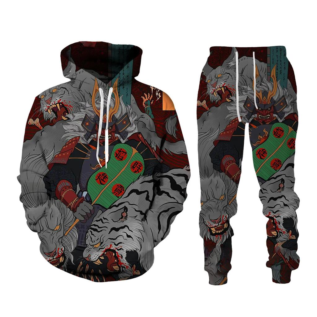 Autumn 3D Oriental Dragon God Printed Herre Hette Genser Set Mannlig Japansk Samurai Tatovering Glidelås 3d Treningsdress Herreklær Dress