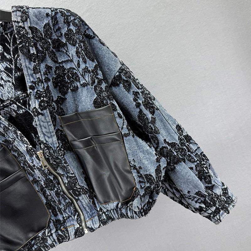 Womens Vintage Distressed Denim Jacket Loose Fit V-Neck Long Sleeve Floral Embroidered Streetwear Top 2026