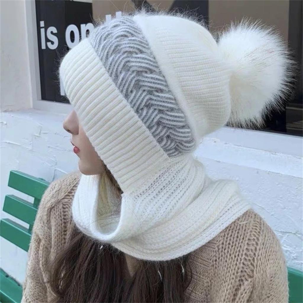Women's Autumn and Winter All-match Korean Style Cute Knitted Hat Cold-proof Ear Protection Neck Protection Thick Wool Hat Scarf