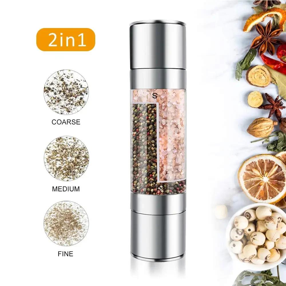 Pepper Grinder 2 in 1 Stainless Steel Manual Spice Salt and Pepper Mill Kitchen Tools Accessories for Cooking