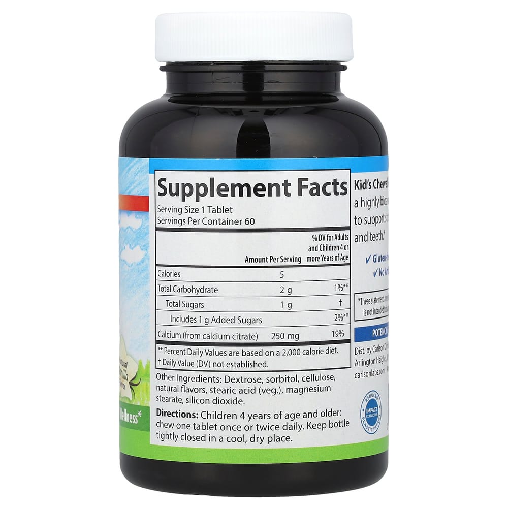Carlson Labs Kids Chewable Calcium, Vanilla Flavor, 250 mg, 60 Tablets