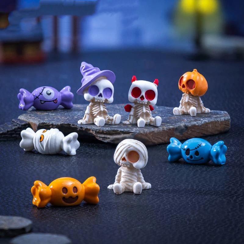 Halloween Miniature Figurine Bone Skull Coffin House Chair Halloween Mini Resin Cartoon Scary Ghost Statue Party Ornaments