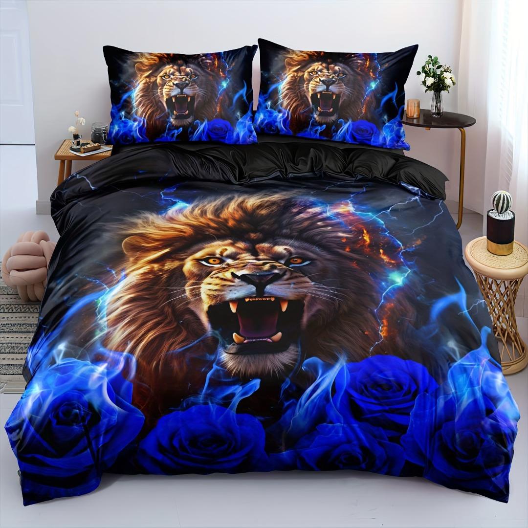 

3pcs Bedding Set Wild Lion with Blue Red Rose 3D Print Comfortable Duvet Cover King Queen Twin Single Size Bithday Gift for Boys Duvet&EU Twin 135x200c