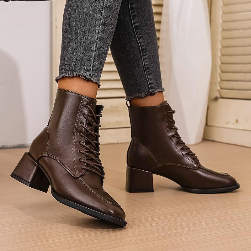 Fashion Spliced Front Lace-Up Single Boots Women's Fashion Square Toe Anti-Slip Wear-Resistant Block Heel Shoe