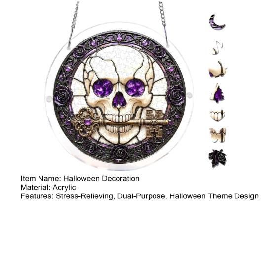 Halloween Acrylic Puzzle Decor, 2D Ghost Pumpkin Skeleton Hanging Sign, Faux Stained Glass Spooky Puzzle for Party Home Decor, Stress Relief Toy