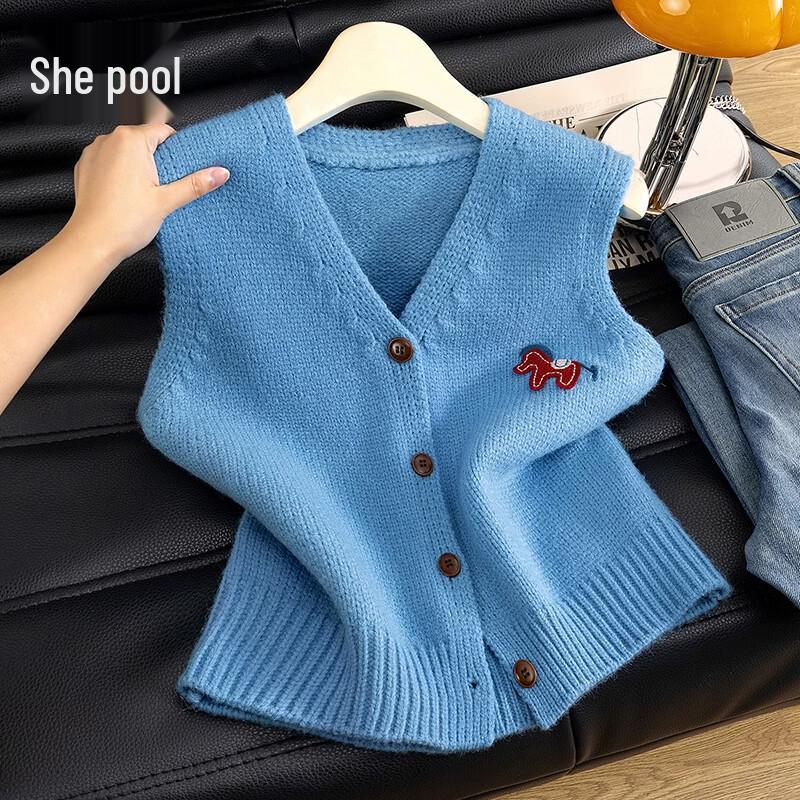 Women's V-Neck Knitted Vest with Horse Embroidery