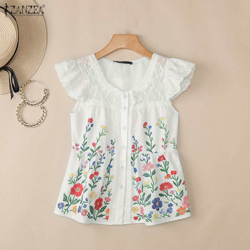 ZANZEA Women Elegant Lace Splice Square Collar Casual Sleeveless Floral Print Vest Tops