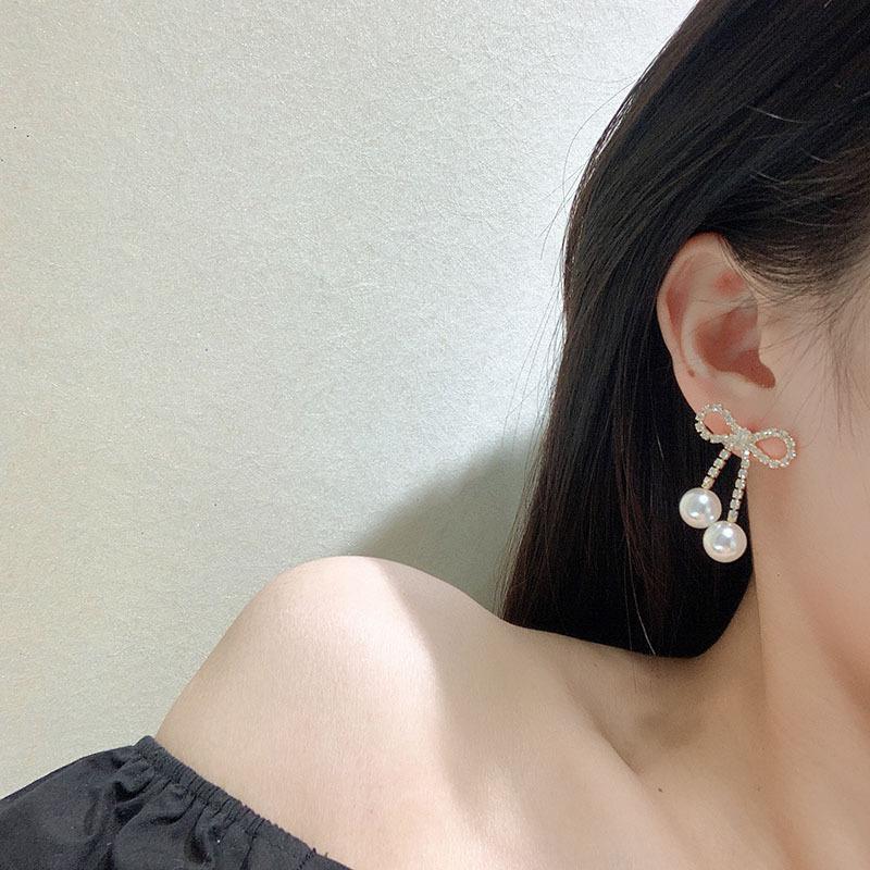 Shiny Zircon Geometric Chain Earrings for Women Luxury Crystal Bowknot Imitation Pearl Water Drop Earring Wedding Party Jewelry