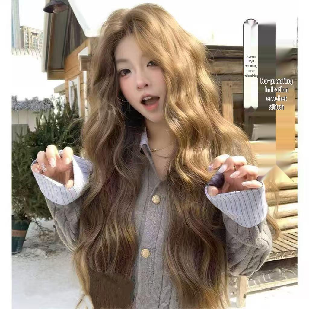 Natural Anti-Shedding Water Wave Long Curly Wig for Women, Linen Brown, Korean Style, Atmospheric Full Wig Cap
