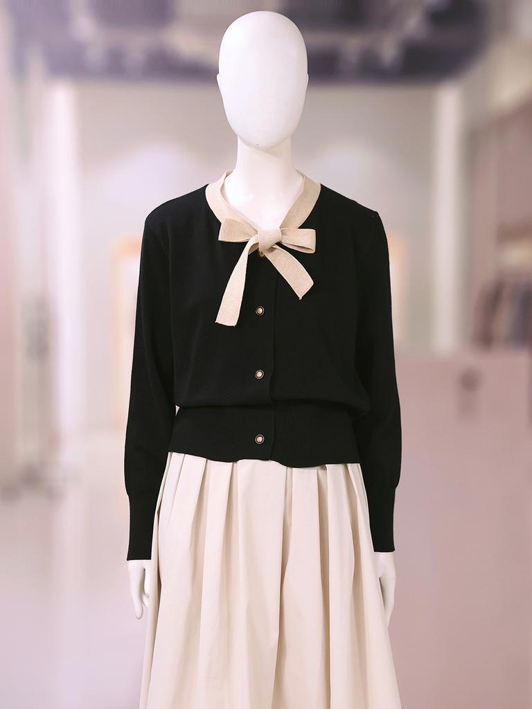 Le shop Tie Neck Color Block Button-up Long Sleeve Knit Cardigan TQ2KC327