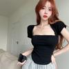 Factory spot square neck short-sleeved t-shirt women's summer pure desire slim-fitting and thin short top