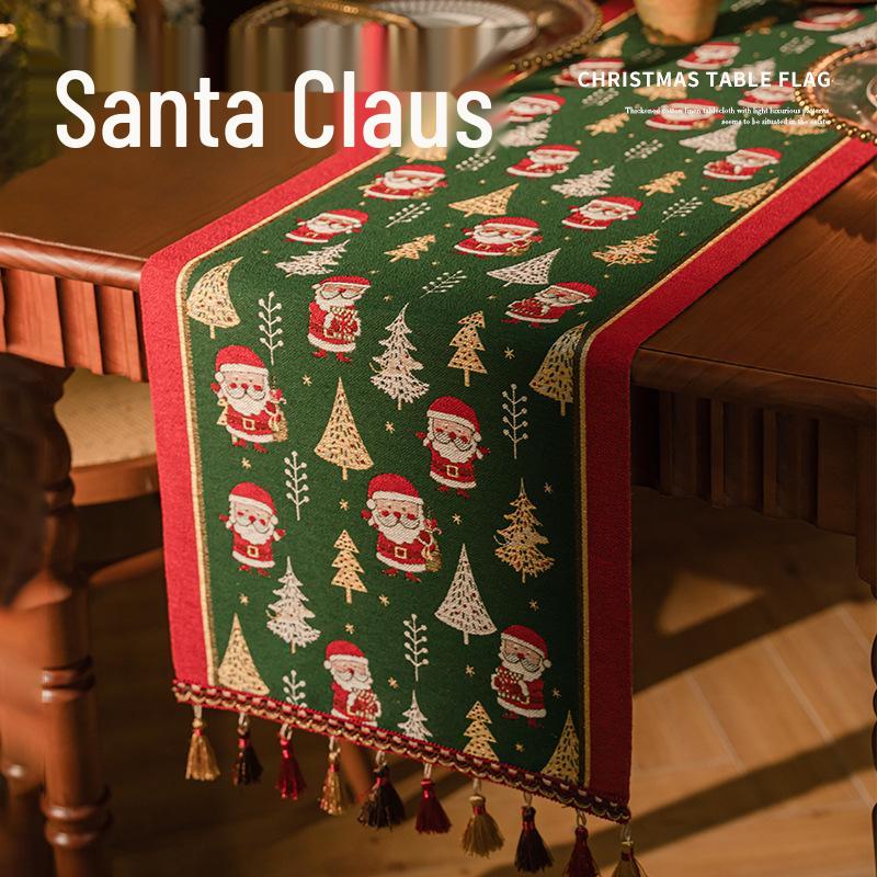 Jacquard Yarn-Dyed Christmas Snowman Reindeer Tassel Polyester Table/Bed Runner