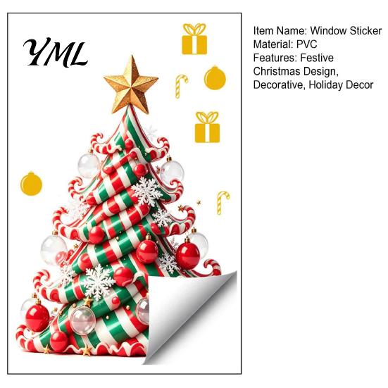 Holiday Glass Decals Christmas Tree Window Decals, Candy Striped Snowflake Wall Stickers, Waterproof Decorative Gifts PVC Removable Clings for