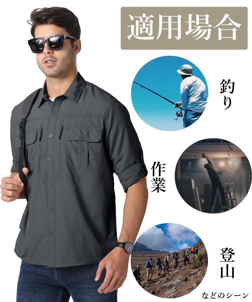 KEFITEVD Military Summer Cool Outdoor Collared Work Shirt with Chest Long Dark for and Men's Shirt, Pocket, Sleeves, Gray, XL, Hiking, Trekking,