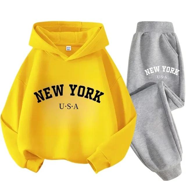 Children's Black Sports Outdoor Letter Print Hooded Sweatshirt 3-12 Years Old Boys and Girls Casual Set Sweatshirt + Pants