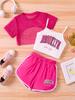 Girls Fashion Three Piece Set Mesh Short Sleeve Top Letter Print Camisole and Shorts Summer Outfit for Kids Comfortable Fit