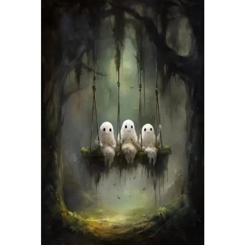 Halloween Ghost Poster Cute Ghost Forest Canvas Printing Poster Wall Art Festival Decoration Painting for Home Living Room Decor