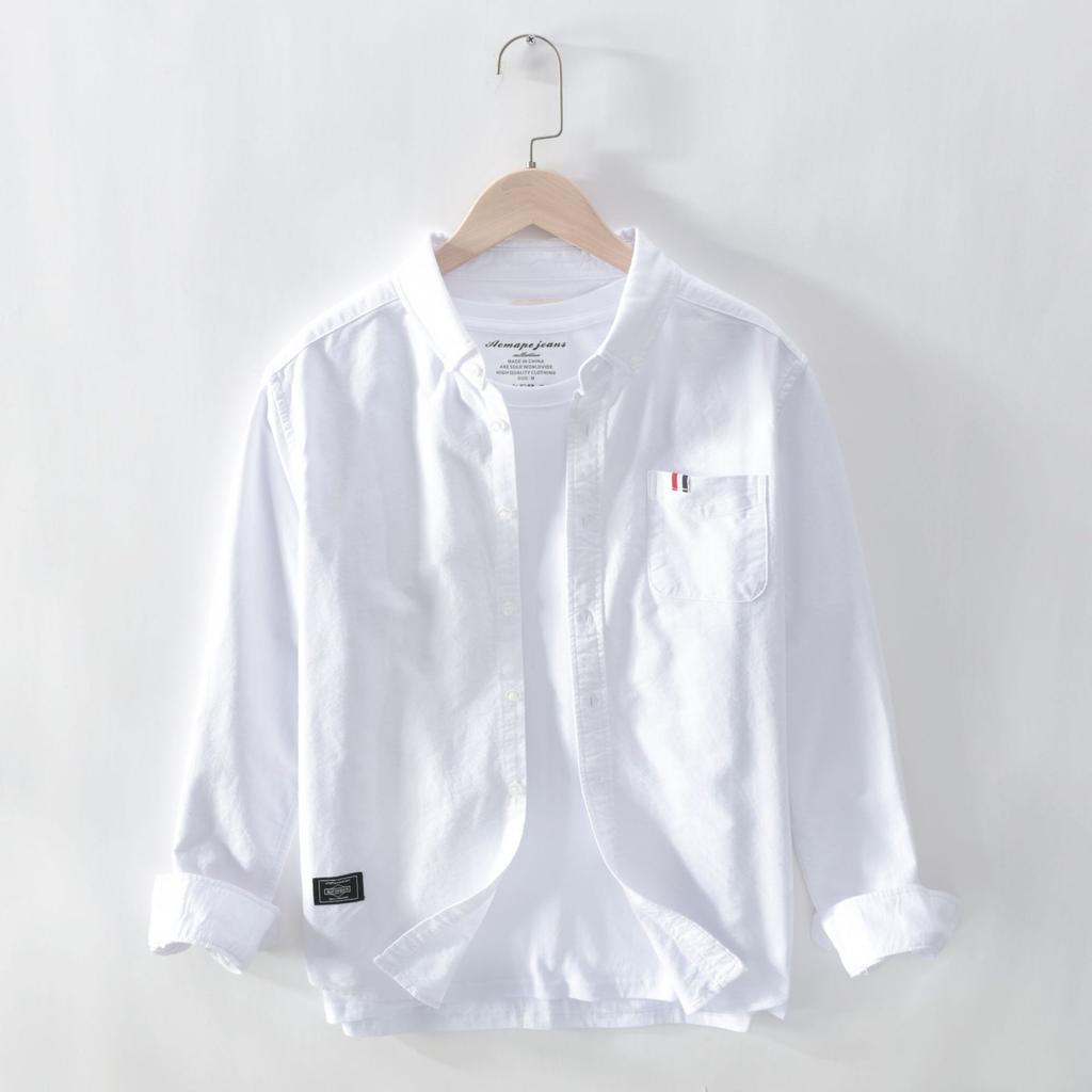 Spring and Summer Long Sleeve Shirt Men Daily Casual Shirt Lapel Collar Pocket Oxford 100 Cotton Shirt Versatile Men Tops