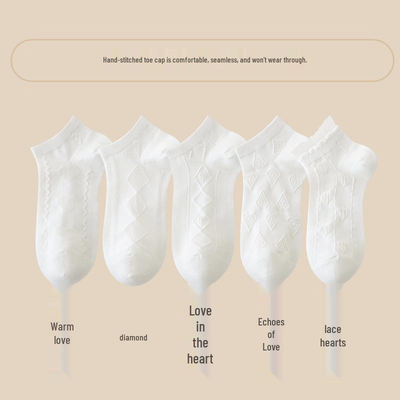 Womens  Thin Cotton Heart Pattern Ankle Socks - White, Breathable & Invisible for Spring/Summer Warm Love