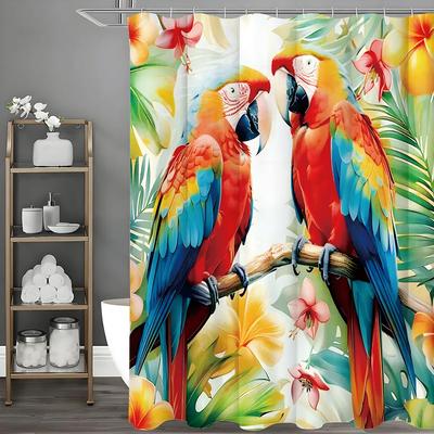 Two Parrots Are Perched On the Branch Shower Curtain Washable Dirt-Resistant Shower Head Waterproof Polyester Bath Curtain