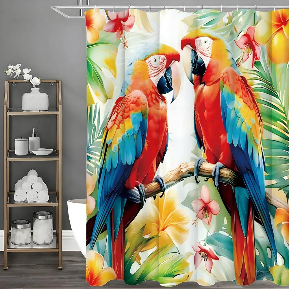 Two parrots are perched on the branch Shower Curtain Washable Dirt-Resistant Shower Head waterproof Polyester Bath Curtain