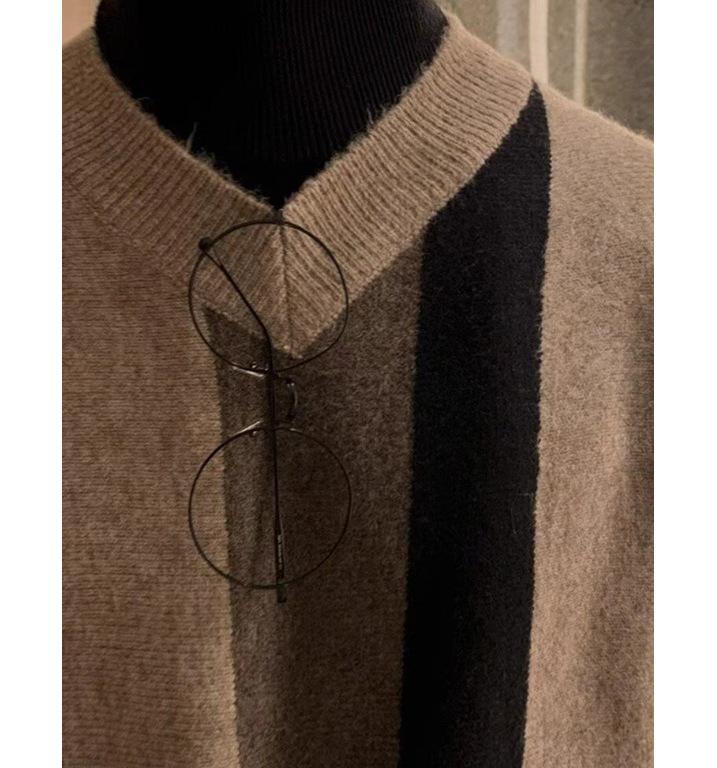 Men's Korean Striped V-Neck Knit Sweater - Autumn/Winter Loose Fit Long Sleeve Pullover