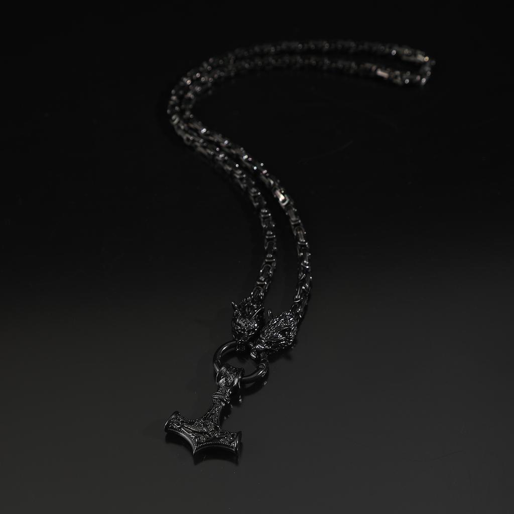 Foreign Trade Retro Nordic Viking Rune Hammer Pendant Wolf Head Necklace Bracelet Jewelry Set Stainless Steel Chain