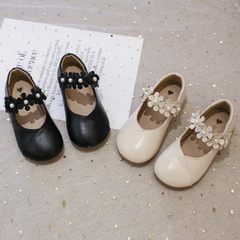 2024 New Simple Flowers Kids Shoes Non-slip Pearls Round-toe Hook & Loop Korean PU Platform Children Casual Shoes Free Shipping
