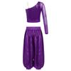 Completo da Danza del Ventre per Ragazze Rete Manica Lunga Monospalla Lucido Paillettes Crop Top Pantaloni Bloomers Satinati Gamba Larga